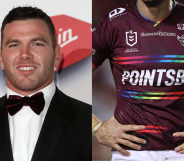 Keegan Hirst in a suit side-by-side next to the Manly Pride Jersey