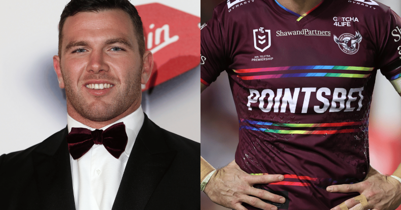 Keegan Hirst in a suit side-by-side next to the Manly Pride Jersey