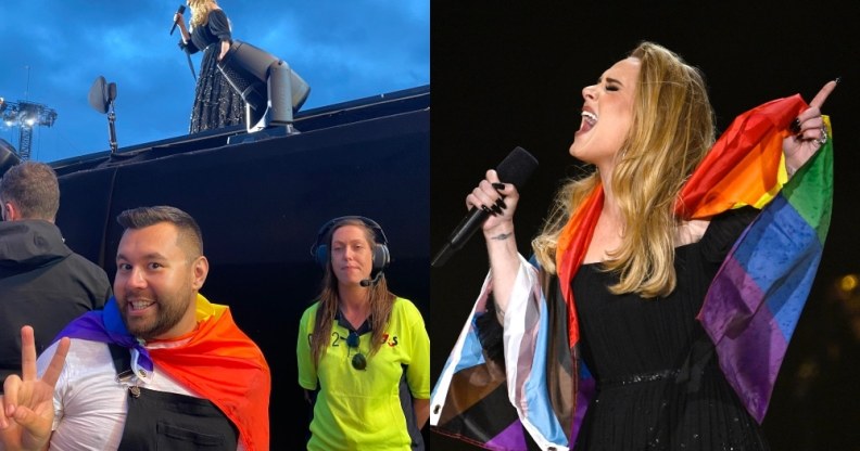 Side by side photos of a fan looking at Adele from the mainstage and a photo of Adele wearing a Pride flag