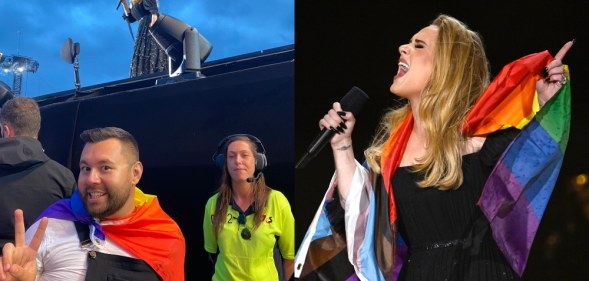 Side by side photos of a fan looking at Adele from the mainstage and a photo of Adele wearing a Pride flag