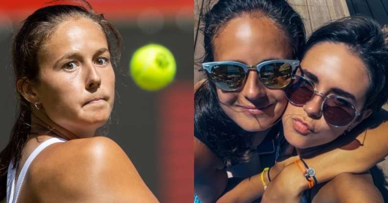 On the left: Daria Kasatkina moments from hitting a tennis ball. On the right: Daria Kasatkina and her girlfriend, Natalia Zabiiako, pose for a selfie