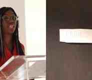 On the left: Kemi Badenoch speaking from the podium. On the right: A sign reading: 'Ladies'