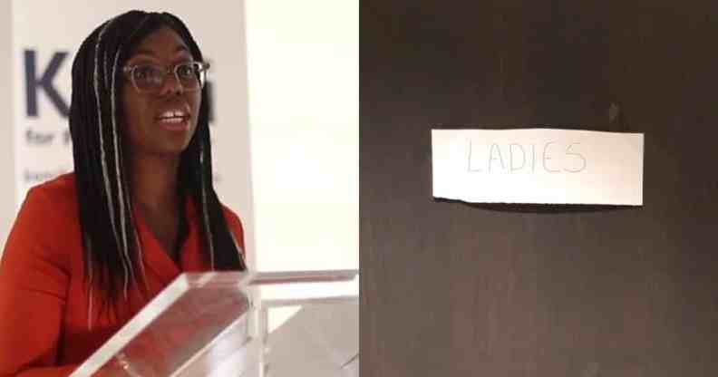 On the left: Kemi Badenoch speaking from the podium. On the right: A sign reading: 'Ladies'