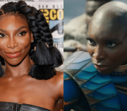 Michaela Coel smiling on a red carpet, and in the Black Panther trailer in full warrior armour