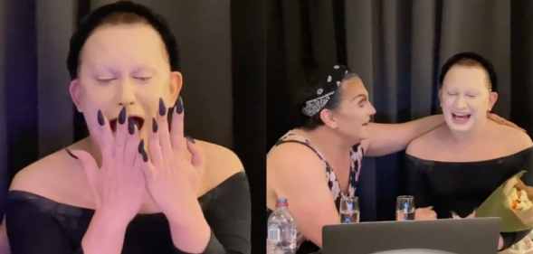 Jinkx Monsoon and BenDeLaCreme watch Drag Race on a MacBook