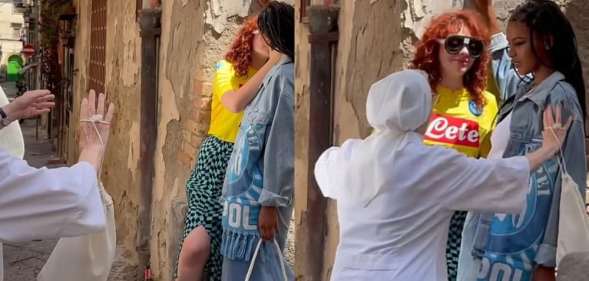 Side-by-side stills of the moment a a nun pulled two women apart for kissing