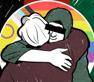 Two people are shown hugging against a progress Pride flag in an animation.