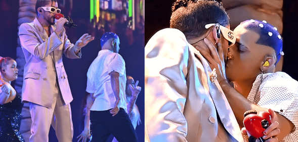 Bad Bunny performing at the 2022 MTV VMAs ceremony.