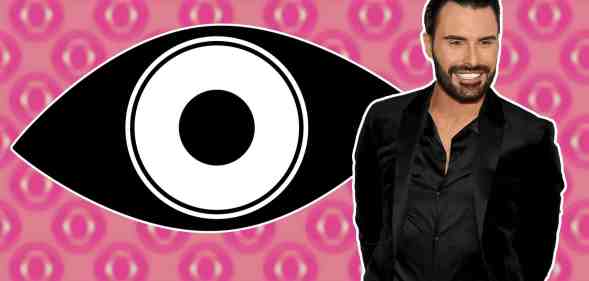 Ryan in front of a black Big Brother eye on a pink background