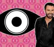 Ryan in front of a black Big Brother eye on a pink background
