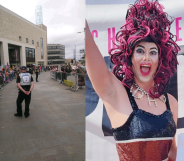 Crowds gather around the Oxford library where Aida H Dee's Drag Queen Story Hour took place.
