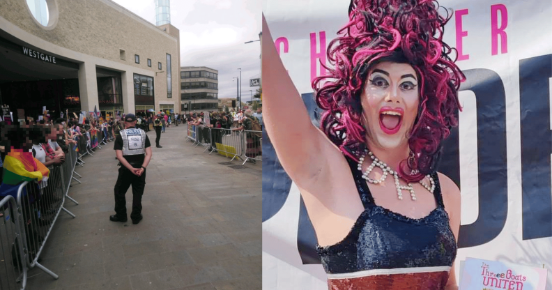 Crowds gather around the Oxford library where Aida H Dee's Drag Queen Story Hour took place.