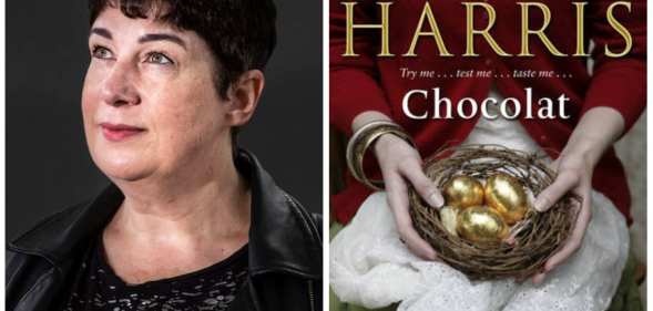 A publicity photo of author Joanne Harris, and a cover image of her novel, Chocolat
