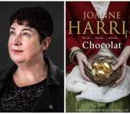 A publicity photo of author Joanne Harris, and a cover image of her novel, Chocolat
