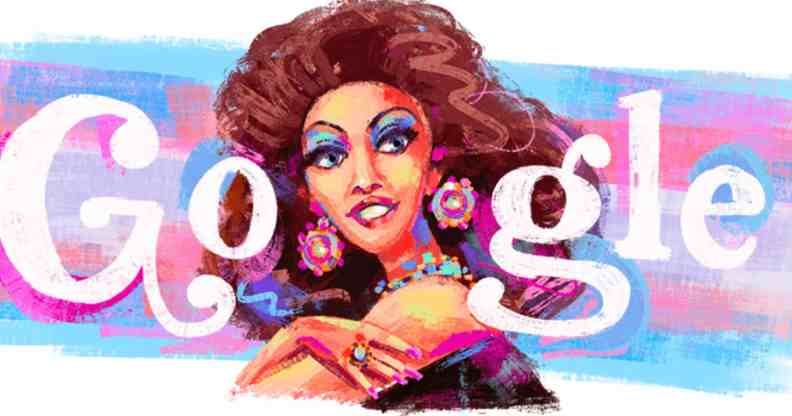 An illustration shows Cláudia Celeste, a trans actress, drawn in front of a trans Pride flag and the Google logo