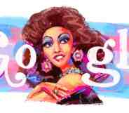 An illustration shows Cláudia Celeste, a trans actress, drawn in front of a trans Pride flag and the Google logo