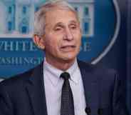 Dr Anthony Fauci speaks to a crowd gathered at the White House