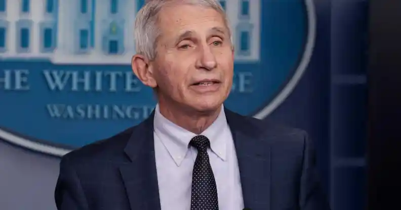 Dr Anthony Fauci speaks to a crowd gathered at the White House