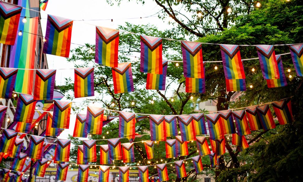 Rainbow bunting is on display during Pride In Manchester 2021