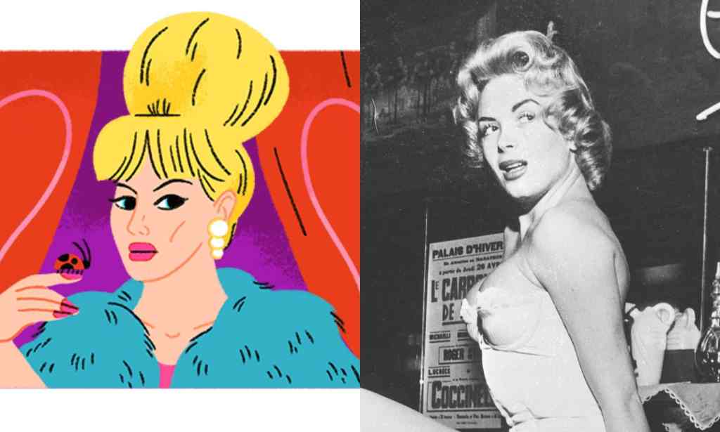Side by side images of a Google doodle and black and white photograph of Jacqueline Charlotte Dufresnoy aka Coccinelle