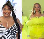 Side by side images of TS Madison wearing a black and white animal print outfit and Beyoncé performing on stage in a yellow-green outfit