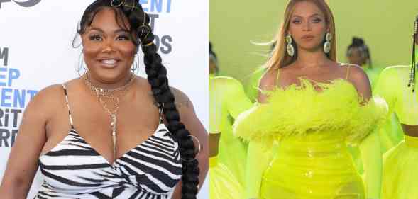 Side by side images of TS Madison wearing a black and white animal print outfit and Beyoncé performing on stage in a yellow-green outfit