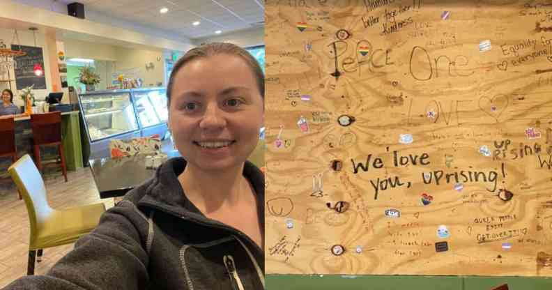 In the photograph on the right, Corrina Sac wears a dark sweatshirt as she takes a self inside UpRising Bakery and Cafe. The photograph on the right shows boards with words of support after the bakery was vandalised over a planned family-friendly drag event