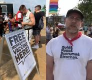 In the photograph on the left, people line up behind a sign at UK Black Pride that reads 'Free monkeypox vaccine here'. The image on the right is a still from a video in which Dr Will Nutland speaks to the camera while wearing a white shirt, red handkerchief and dark baseball cap