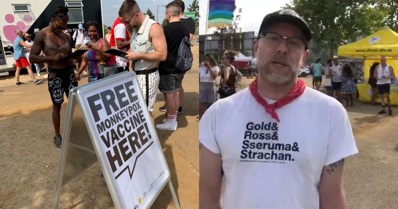 In the photograph on the left, people line up behind a sign at UK Black Pride that reads 'Free monkeypox vaccine here'. The image on the right is a still from a video in which Dr Will Nutland speaks to the camera while wearing a white shirt, red handkerchief and dark baseball cap