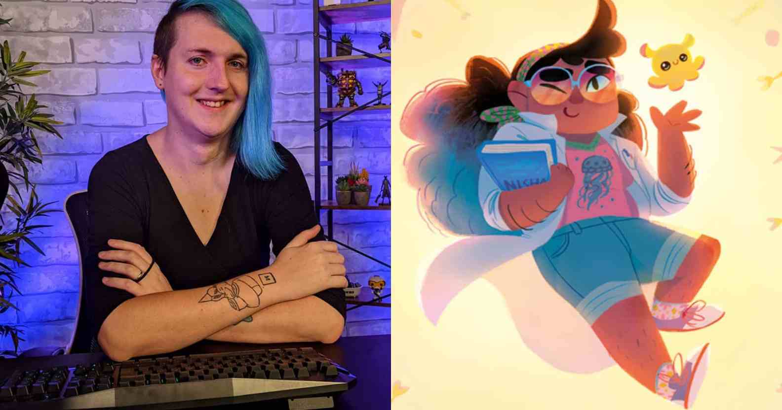 In the photograph on the left, Laura Kate Dale sits at a computer desk. She has an undercut hairstyle with bright blue long hair on one side. In the illustration on the right, a young trans woman smiles triumphantly as she poses next to a small yellow monster