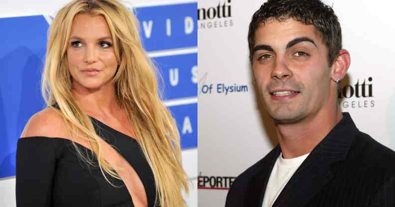 In the image on the left, Britney Spears wears a black dress as she stares somewhere off camera. In the photo on the left, Spears' ex-husband Jason Alexander wears a white shirt underneath a black jacket