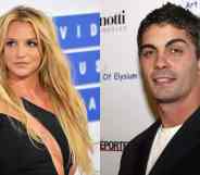 In the image on the left, Britney Spears wears a black dress as she stares somewhere off camera. In the photo on the left, Spears' ex-husband Jason Alexander wears a white shirt underneath a black jacket