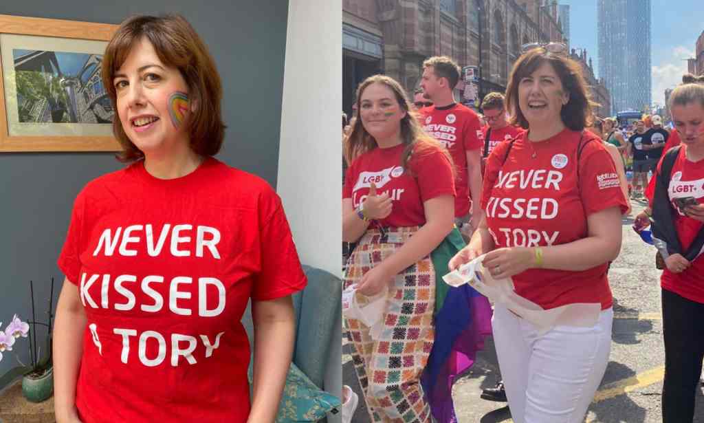 Lucy Powell wears a red 'Never kissed a Tory' t-shirt to Manchester Pride