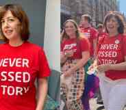 Lucy Powell wears a red 'Never kissed a Tory' t-shirt to Manchester Pride
