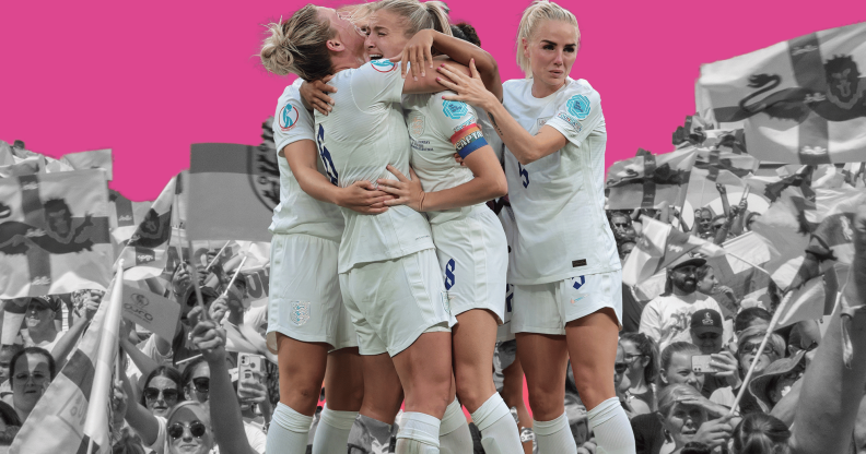 The England women's team embrace against a backdrop of black and white fans