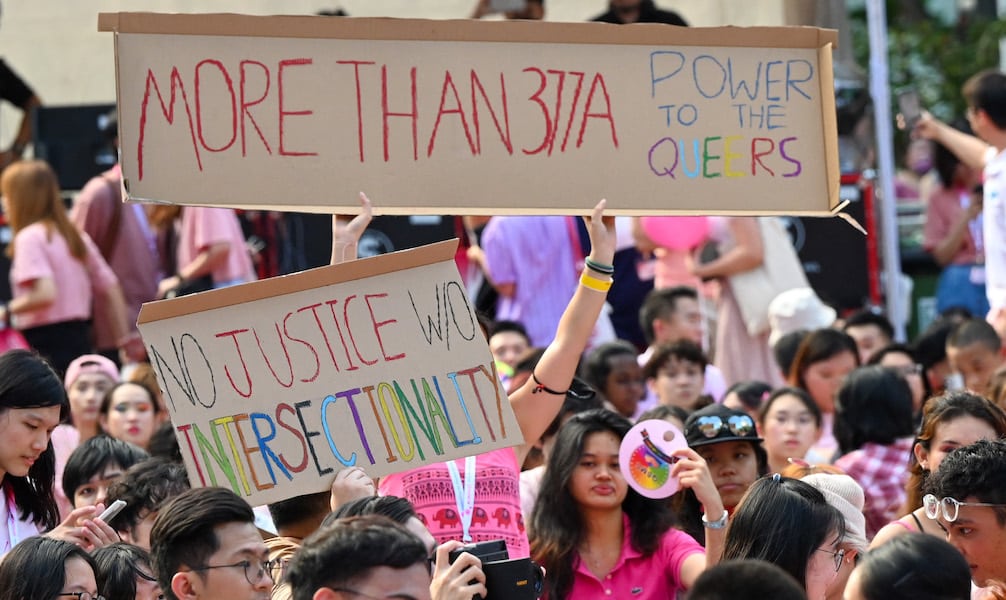 Protesters hold signs at Singapore's Pink Dot event reading 'more than 377a'