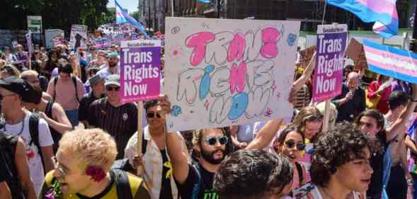 Several people in a crowd wave trans pride flags as one person holds up a sign that reads 'Trans rights now'