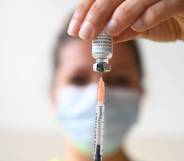 A photograph shows a syringe with a dose of the Monkeypox vaccine at the Edison municipal vaccination centre in Paris