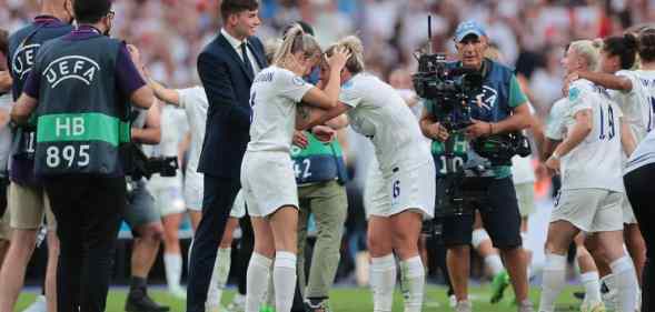 England celebrates winning after the UEFA Women's European Championship match between England and Germany.
