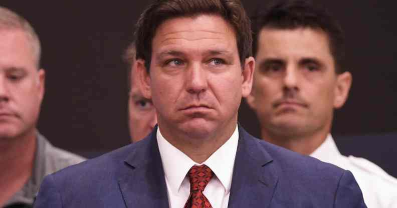 In this photograph, Ron DeSantis speaks at a press conference