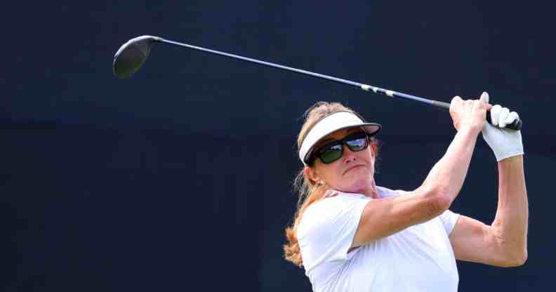 In this photograph, Caitlyn Jenner swings a golf bat