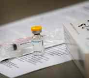 A vial of the monkeypox vaccine sits on a table during a media tour of the Monkeypox clinic operations.