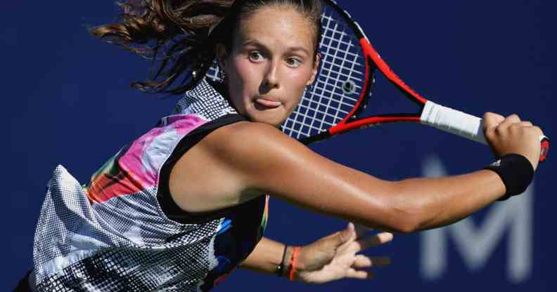 Daria Kasatkina returns a shot from Shelby Rogers in the singles finale at Mubadala Silicon Valley Classic.