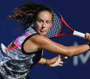 Daria Kasatkina returns a shot from Shelby Rogers in the singles finale at Mubadala Silicon Valley Classic.