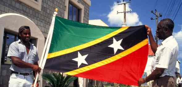 In this photograph, two men hold the St Kitts and Nevis Flag by a government building (Getty)
