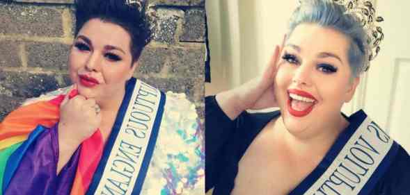 Side by side images of Laura Davis. In the photo on the left, Davis holds a rainbow Pride flag as she wears a beauty pageant crown and sash. She is wearing a reflective gown. In the photo on the right, Davis is smiling as she poses with her crown and sash while wearing a dark outfit