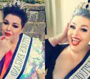 Side by side images of Laura Davis. In the photo on the left, Davis holds a rainbow Pride flag as she wears a beauty pageant crown and sash. She is wearing a reflective gown. In the photo on the right, Davis is smiling as she poses with her crown and sash while wearing a dark outfit