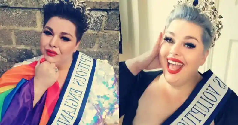 Side by side images of Laura Davis. In the photo on the left, Davis holds a rainbow Pride flag as she wears a beauty pageant crown and sash. She is wearing a reflective gown. In the photo on the right, Davis is smiling as she poses with her crown and sash while wearing a dark outfit