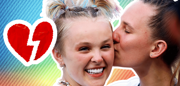 In this edit, JoJo Siwa (R) and Kylie Prew kiss with a broken heart next to them