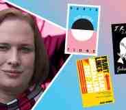 Juliet Jacques pictured on the left with the front covers of three of her books Front Lines, Trans: A Memoir and Variations.